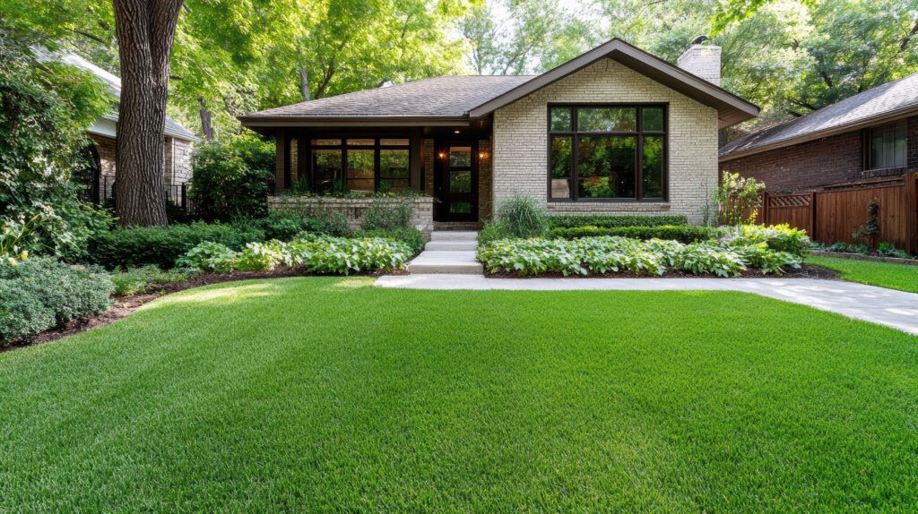 Beautiful house exterior with lush green lawn and well maintained garden, showcasing welcoming